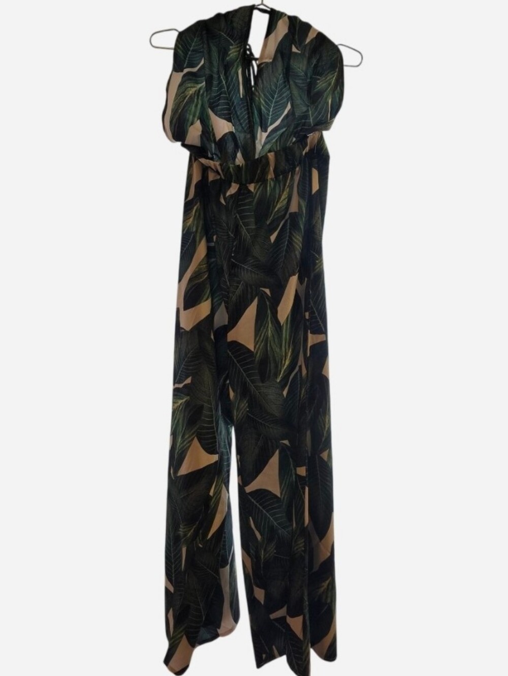 SHEIN Green/Creme Leaf-Print Halter One-Piece Romper